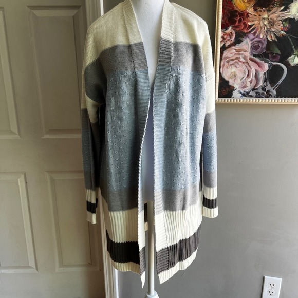 Striped Open Front Cardigan Sweater Long Sleeve Knitwear Duster - Picture 1 of 9